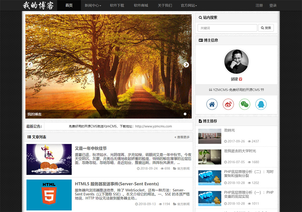 YzmCMS響應式HTML5黑白系博客主題